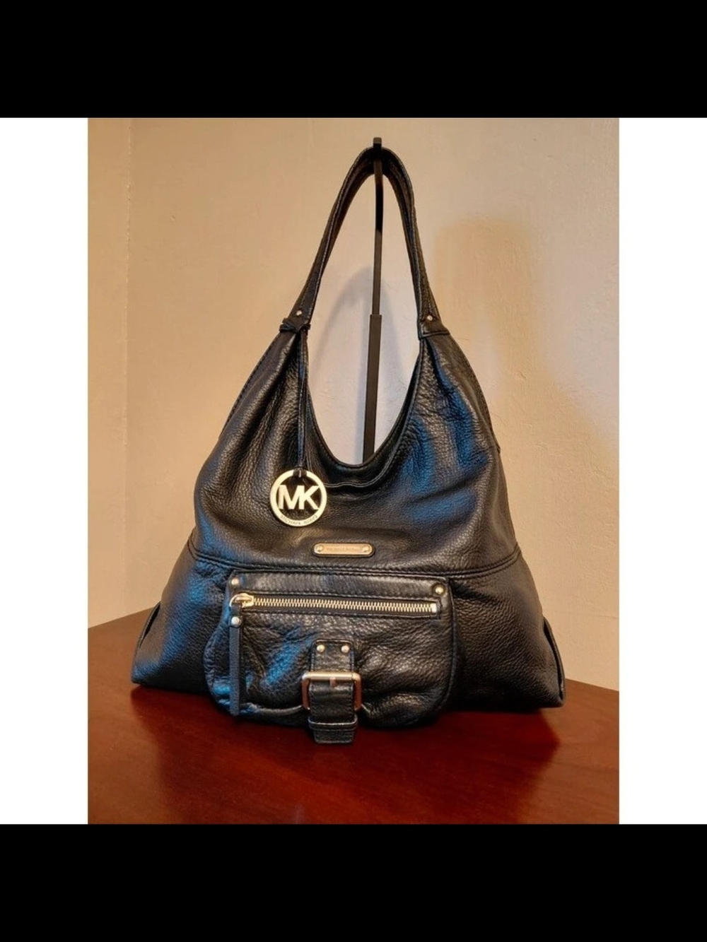 Michael Kors Black Leather Hobo Bag with MK Charm